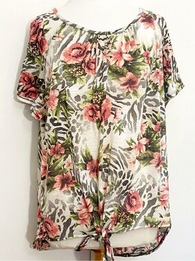 Goddess Tropical Floral Gauzy Strappy Tie-Hem Women’s Top - Pink & Green 3X
